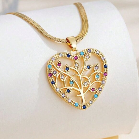 18K Gold Plated Tree Of Life Heart Gold Stainless Steel Necklace - Picture 1 of 3